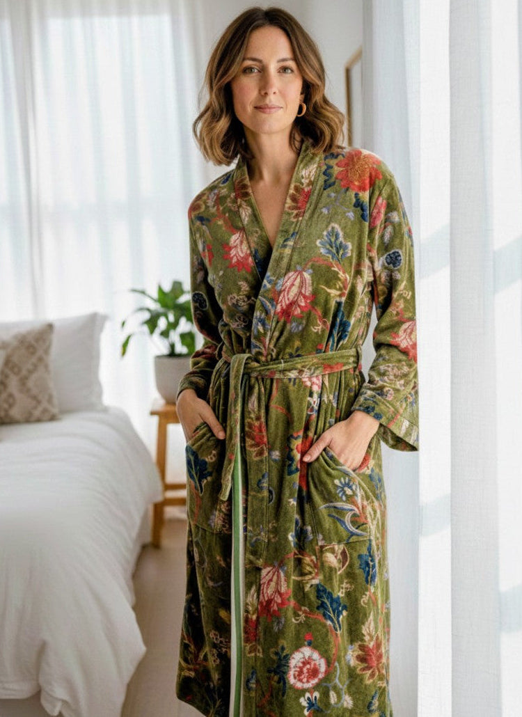 Light Floral Green Velvet Robe