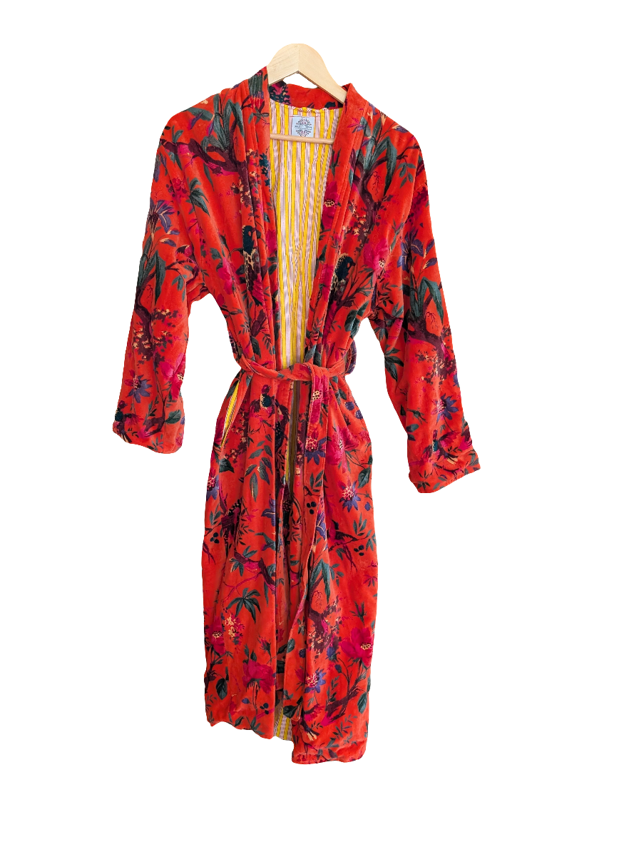 Orange Birds Velvet Robe