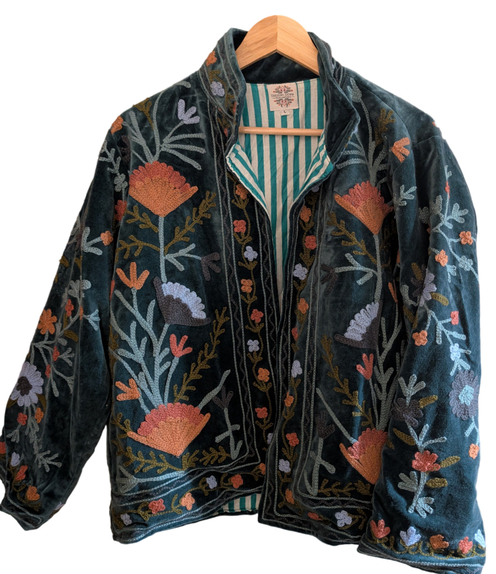 Teal Blue Velvet Suzani Jacket