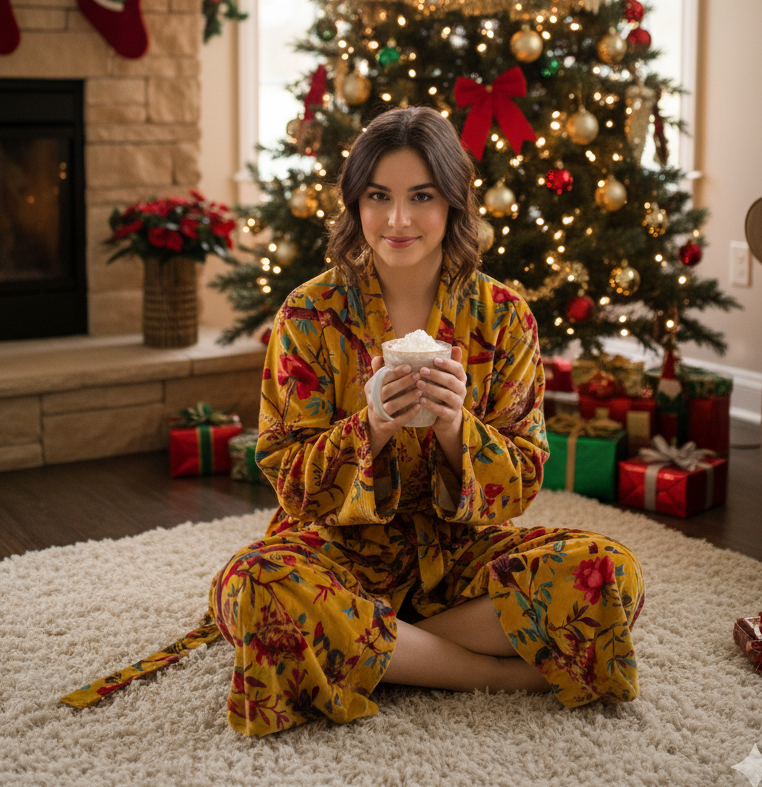 Mustard Birds Velvet Robe