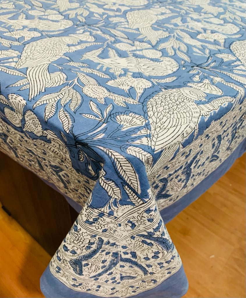 Blue Bird Handblock print cotton table cloth