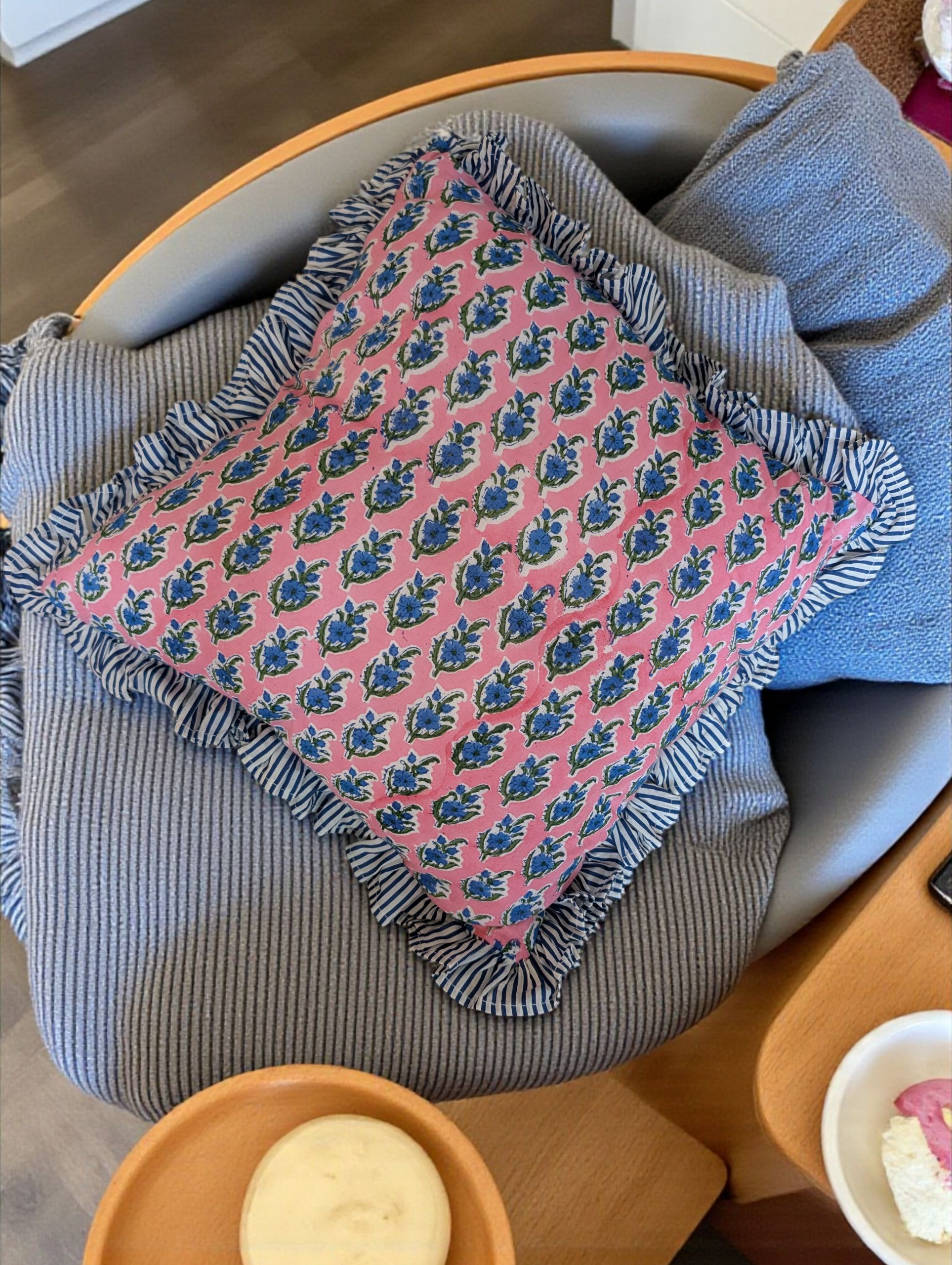 Blue and Pink  handblock printed cushion