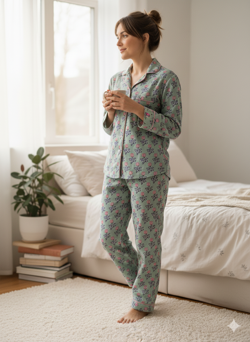 Mint Floral Handblock printed 100% cotton Pajama set