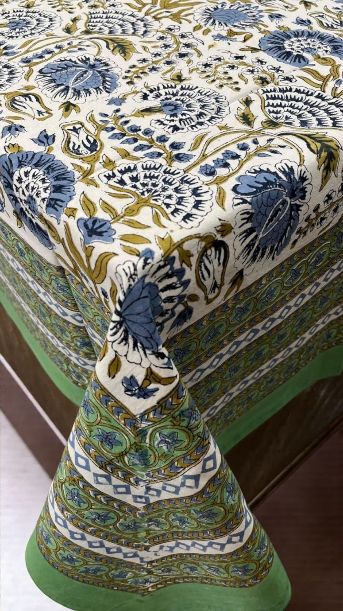 Green Handblock print cotton table cloth