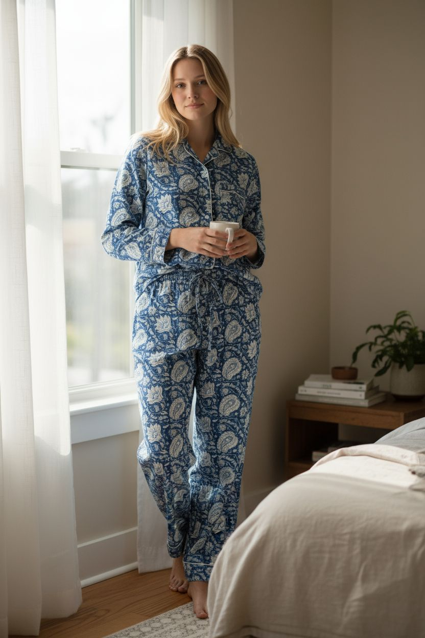 Blue Handblock printed 100% cotton Pajama set