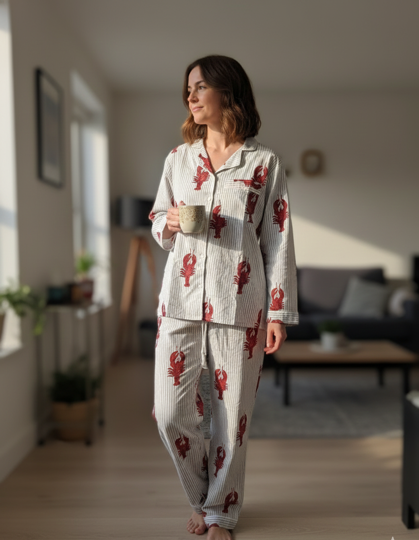 Blue stripe Lobster Printed 100% cotton Pajama set