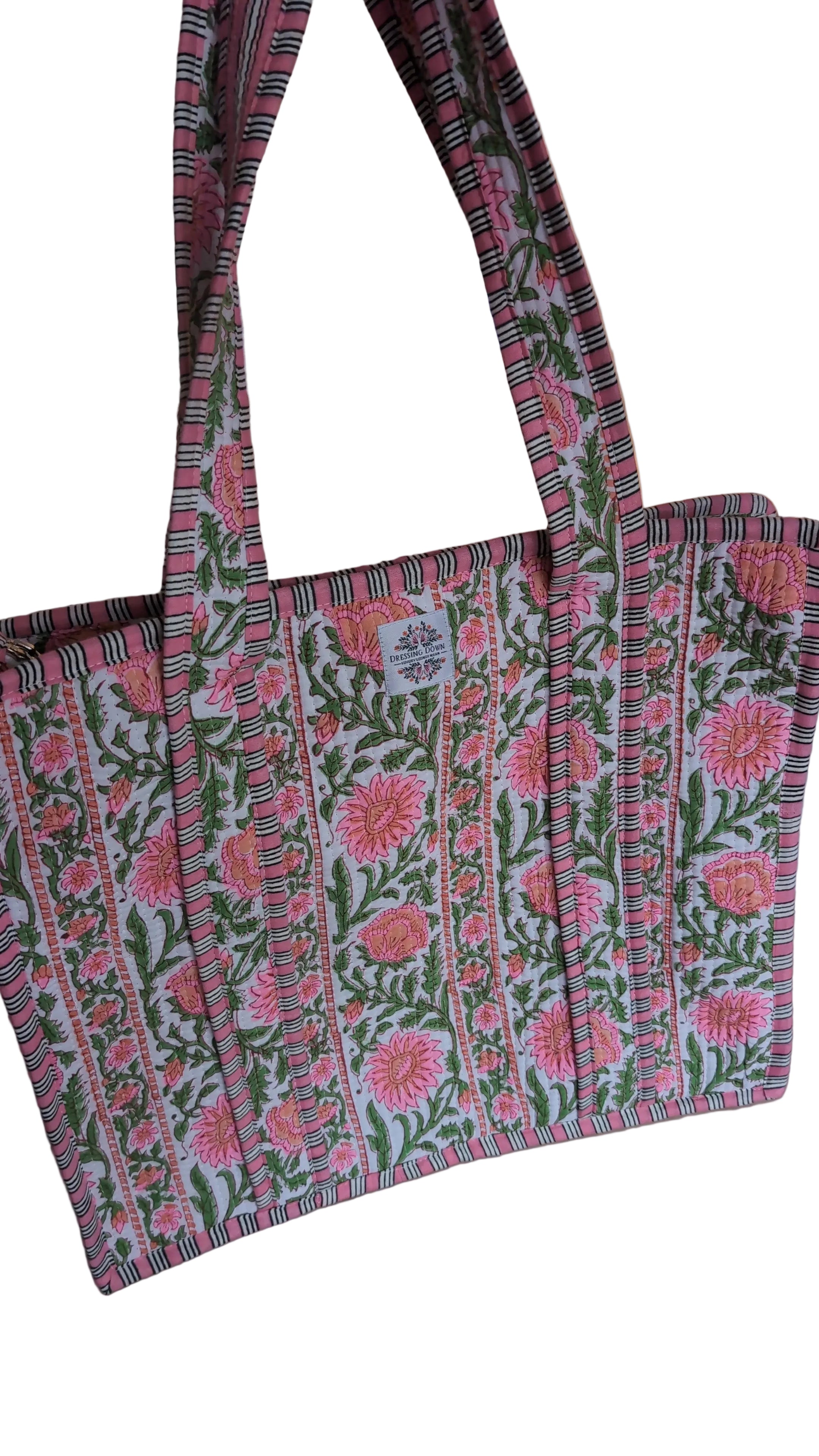 Pink and Green Striped Tote Bag