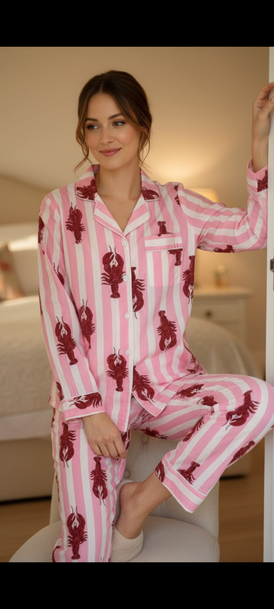 Pink stripe Lobster Hand Block Printed Pajama Set