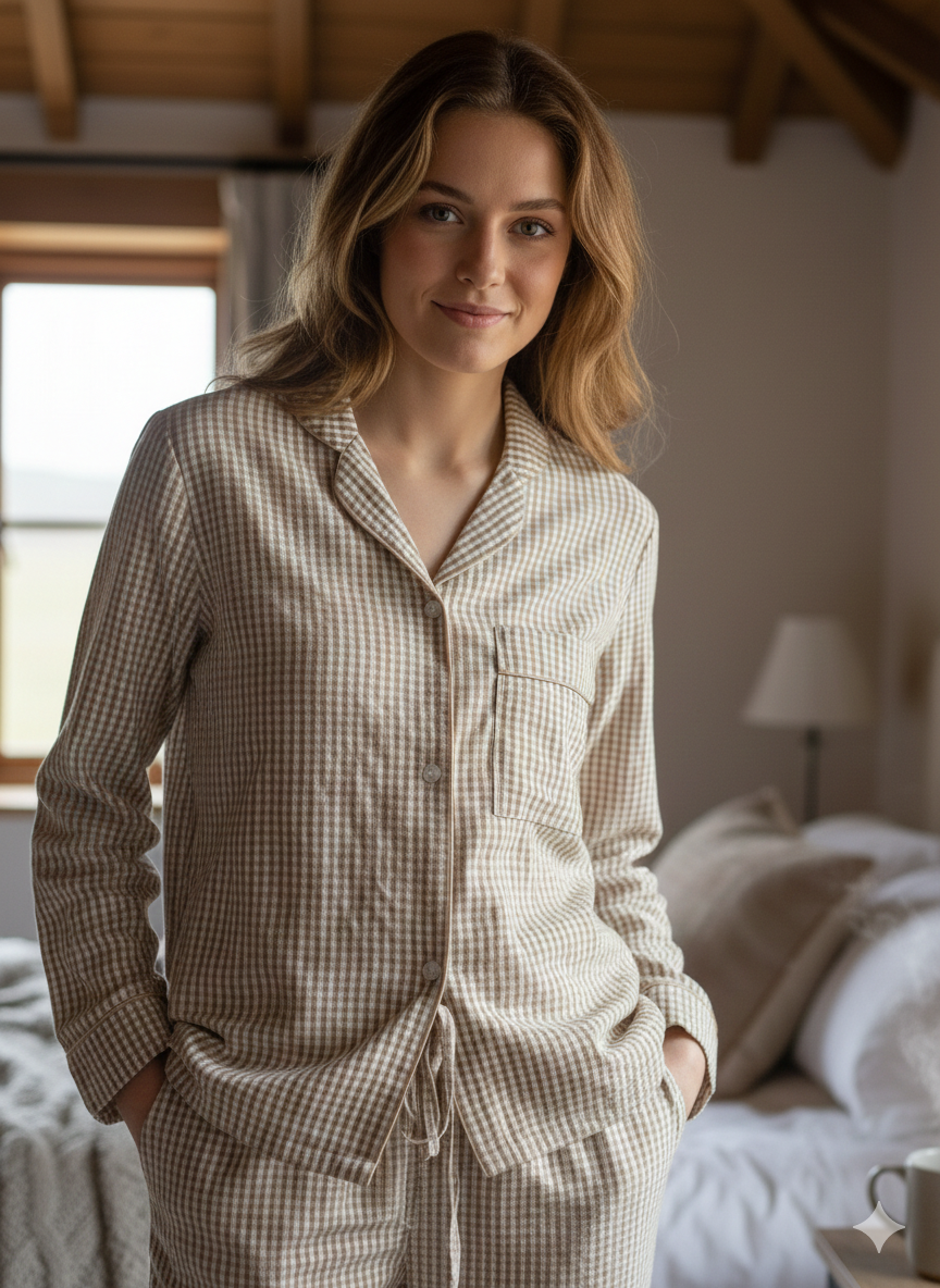 Beige Gingham 100% Cotton Pyjama Set