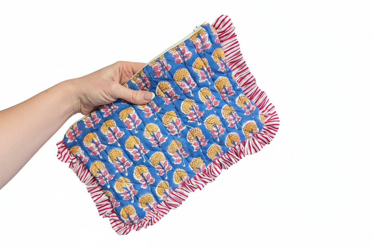 Blue Block Printed Cotton Pouch